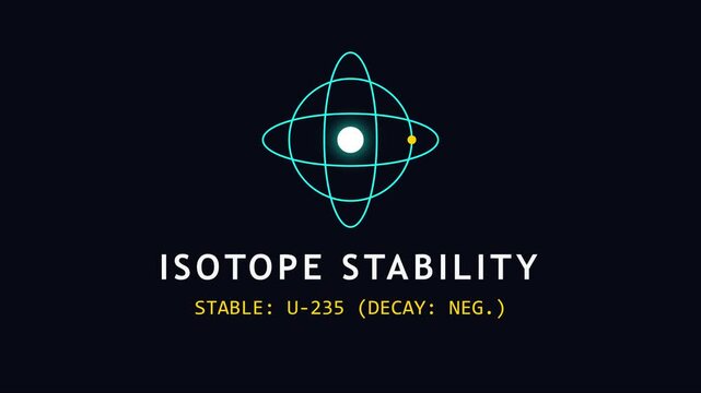 Isotope stability u-235 atomic structure animation: scientific visualization of stable radioactive decay and nuclear physics concept 4k