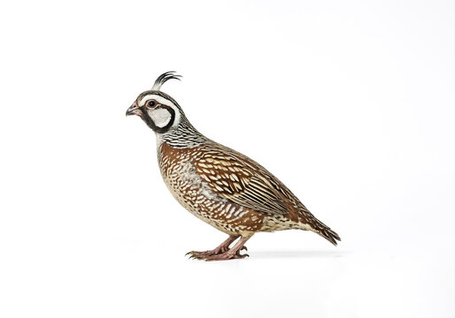 Gambel Quail (Callipepla gambelii) is standing on a white background. The bird is looking to the left of the image and is in a neutral position.