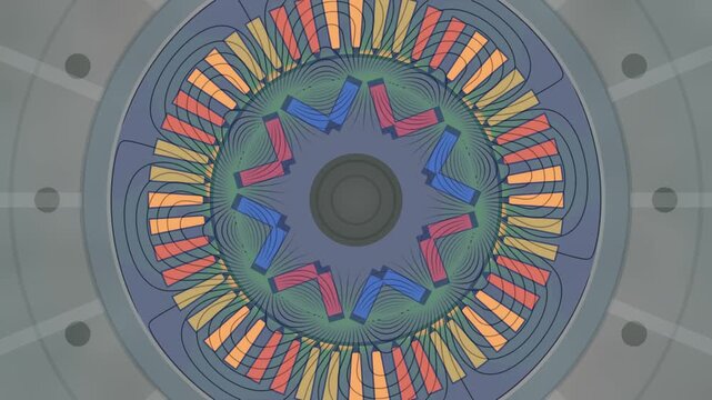 EV Traction Motor Cross Section With Three Phase Rotating Field and Flux Density Contours, Seamless Loop in subtle gray tones
