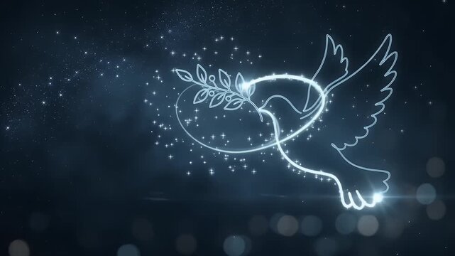 Dove of peace, glowing bird and starry night for hope, spirituality and religious concept. Holy spirit, light trail and sparkle in sky with christmas, faith and heaven for peaceful message