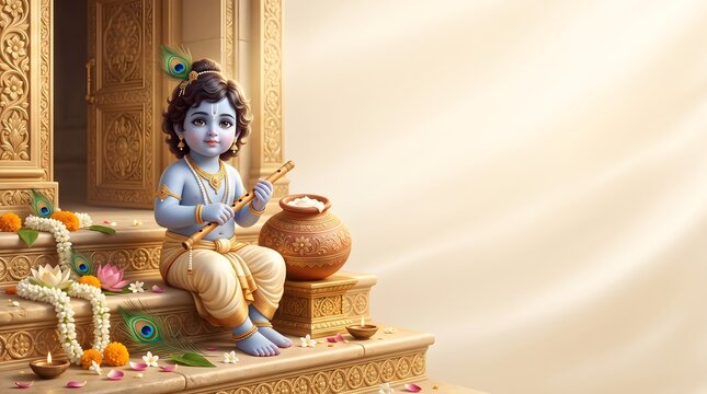 Little krishna playing flute with butter pot for janmashtami festival celebration