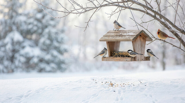 Tufted titmice and black-capped chickadees feeding at a wooden bird feeder in winter