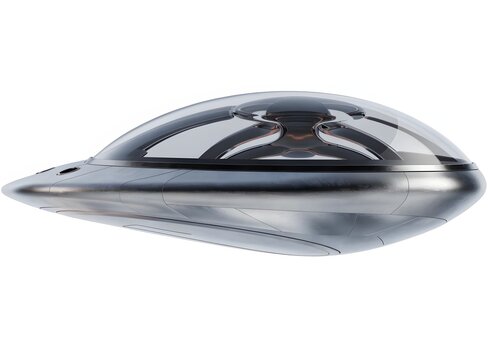 Sleek futuristic spaceship floating in profile view. Advanced transportation and sci-fi concept. Modern vehicle displaying aerodynamic chrome design.