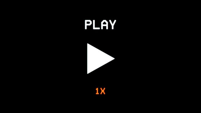 Retro VCR VHS transport controls overlay featuring play, pause, fast forward, and rewind buttons with 1x and 2x speed indicators. Pixelated white text and icons on a black background.