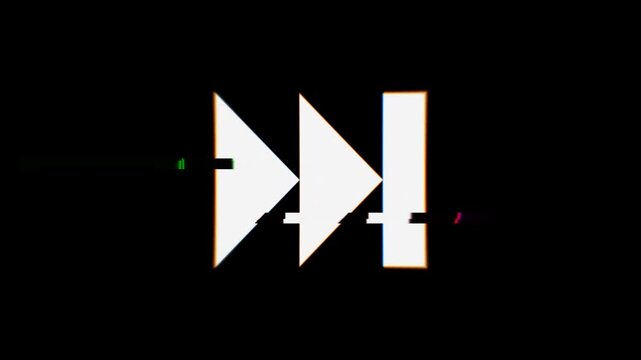 Digital rewind and fast forward icons with a dynamic glitch effect on a black background. This graphic represents media playback control, navigation, and user interface elements with a retro tech.