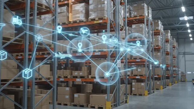 Smart warehouse logistics motion graphic, digital supply chain network overlay on tall storage shelves, automated distribution center technology, futuristic inventory management