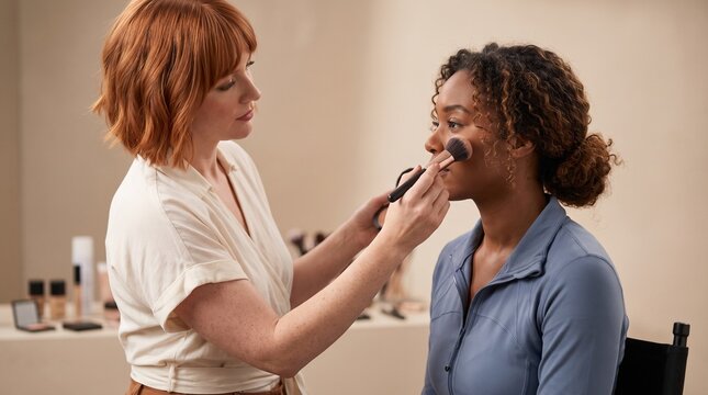 Professional makeup artist applying foundation to client, beauty stylist working in studio, woman getting professional makeover