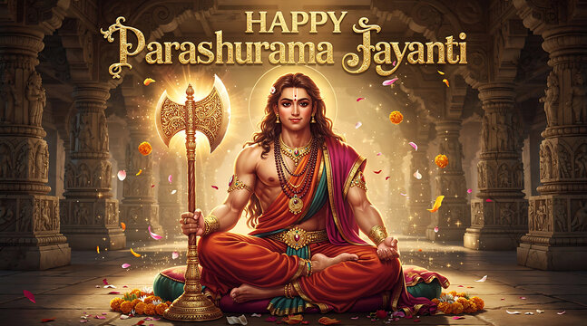Vibrant depiction of Goddess Durga celebrating Parashurama Jayanti in a grand temple setting with divine aura and traditional