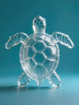 This charming inflatable turtle sculpture made from translucent plastic features intricate wrinkles and luminous edges against a vivid turquoise background in a minimalist surreal scene.

