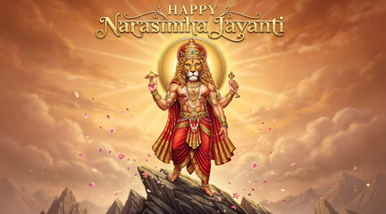 Fototapeta premium Celebration of Narasimha Jayanti Featuring Mythical Lion-Human God Amidst Celestial Glow