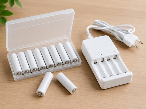 White rechargeable batteries and battery charger on wooden surface