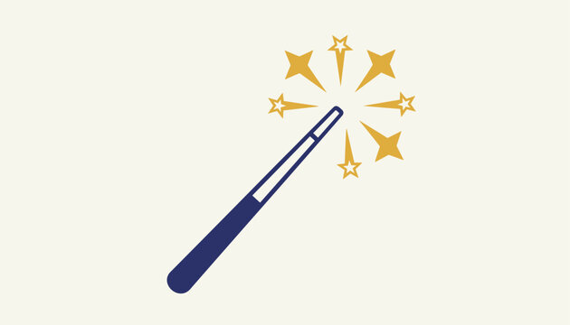 Simple vector icon of a dark blue magic wand with shining golden stars representing magic and spells on cream.
