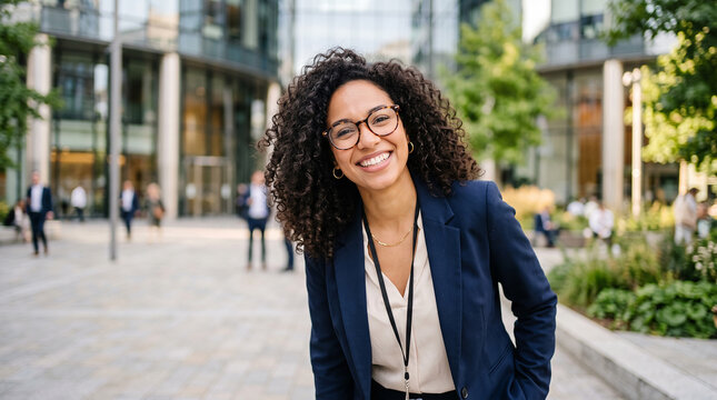 Beautiful woman smiling woman walking outdoor office park which is perfect for corporate success presentation and highly effective marketing campaigns