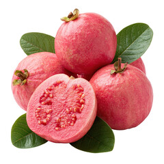 Obraz premium Guava fruits sit on a white background with green leaves, showing whole and halved pink guavas with seeds and flesh clearly visible