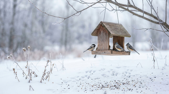 Black-capped chickadees and tufted titmice feeding at a wooden bird feeder in winter