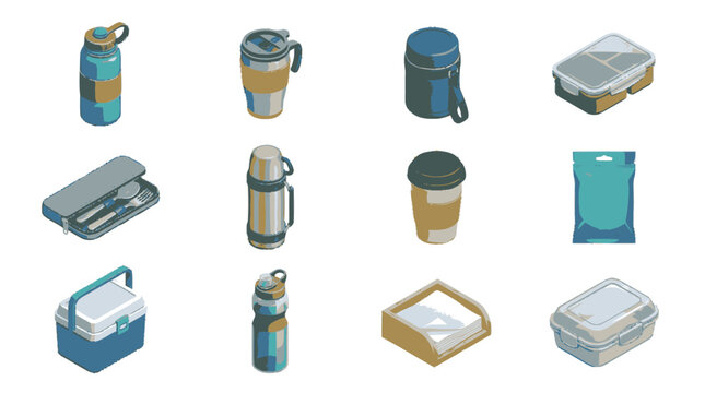 Collection of isometric icons representing various food and drink containers for travel and daily use.
