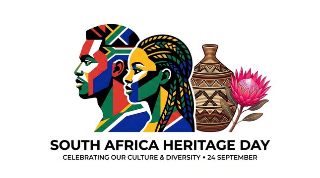 South Africa Heritage Day header with traditional tribal portraits and national flag patterns. Cultural holiday banner featuring Protea flower and indigenous pottery for commemorative pride.
