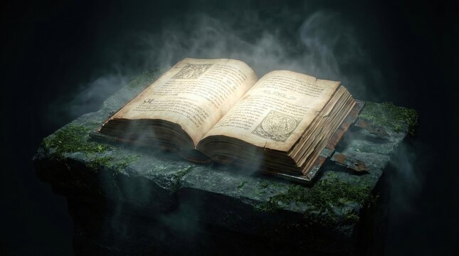 ancient open magic book with glowing pages on mossy stone pedestal surrounded by dark mist. fantasy, mystery and occult concept. banner, website header, poster with copyspace.
