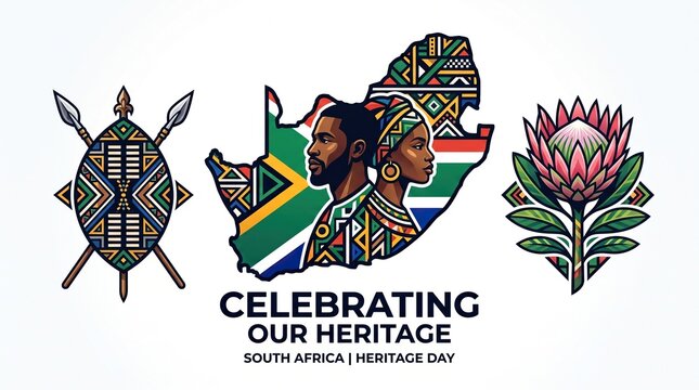 Heritage day celebration graphic featuring traditional ethnic portraits and indigenous protea flowers within a vibrant South African map silhouette. Commemorating our national identity through.