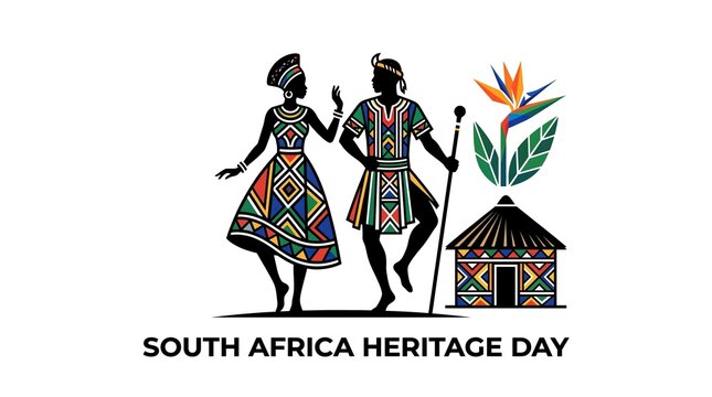 South Africa Heritage Day graphic featuring traditional ethnic figures and vibrant tribal patterns. National pride symbols with floral elements and rural huts signify multicultural unity.