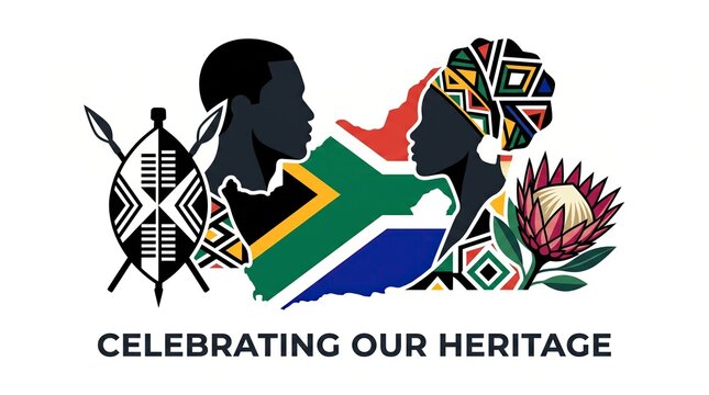 South Africa Heritage Day graphic with the text celebrating our heritage featuring ethnic portraits and national symbols. Patriotic design concept honoring cultural unity and diversity.