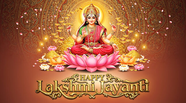 Celebration of Lakshmi Ji with a Divine Goddess Sitting on a Lotus Flower for Lakshmi Jayanti Festival