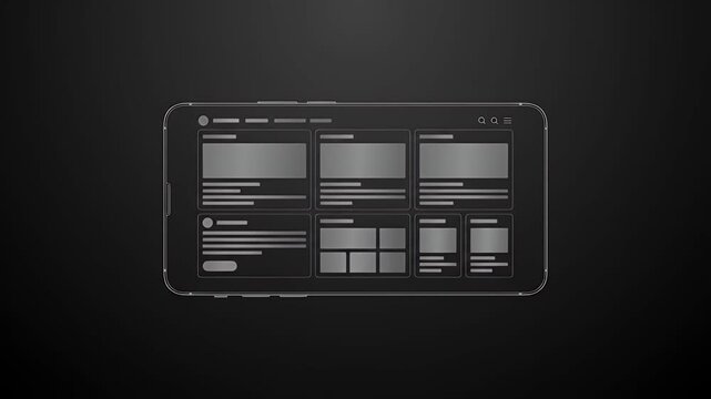 Mobile app interface and smartphone UI design on dark background for marketing, digital technology and social media. User experience, wireframe and phone display for business and communication tool