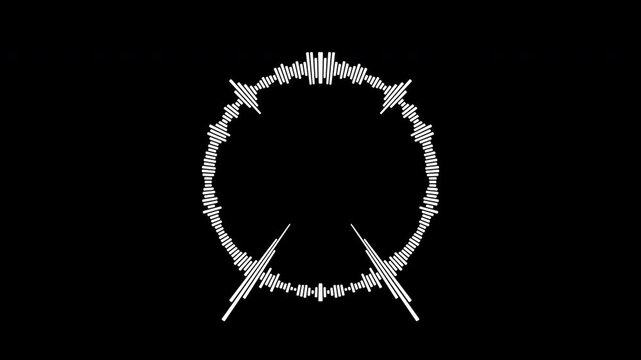 Minimalist white audio waveform ring spinning on a black background, circular sound spectrum visualizer animation for music, radio, and digital interfaces, exported with Apple ProRes codec.