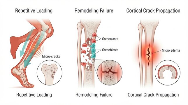 Visual representation of stress fracture mechanisms in leg anatomy showing repetitive loading, remodeling failure, and crack propagation.