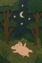 Naklejka premium A paper-cut illustration of a pig lying under a starry night sky in a forest.
