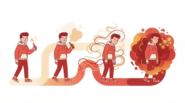 A person walks through different stages of smoking and vaping, illustrating the harm of these habits and promoting healthy choices.