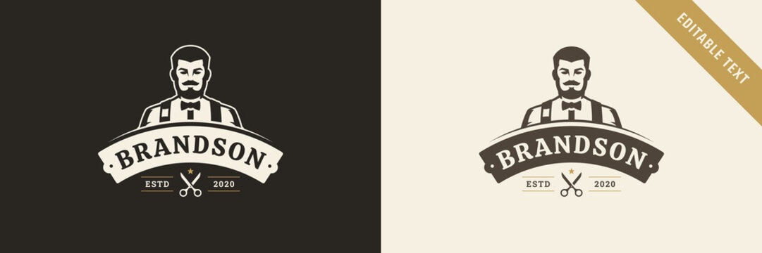 Classic hair salon scissors mascot vector logo template with editable text empowers modern barbers to establish premium brand identity for gentlemen seeking retro grooming packages