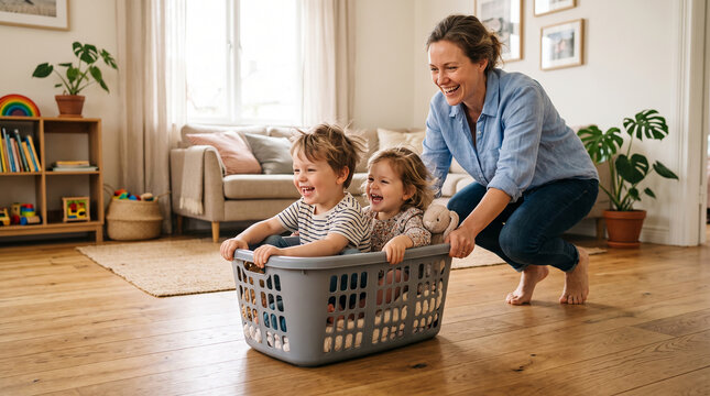 Beautiful family mother pushing two kids in laundry basket which is perfect for corporate success presentation and highly effective marketing campaigns