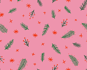 Fototapeta premium Seamless Christmas Pattern with Green Pine Branches and Red Stars on Pink Background