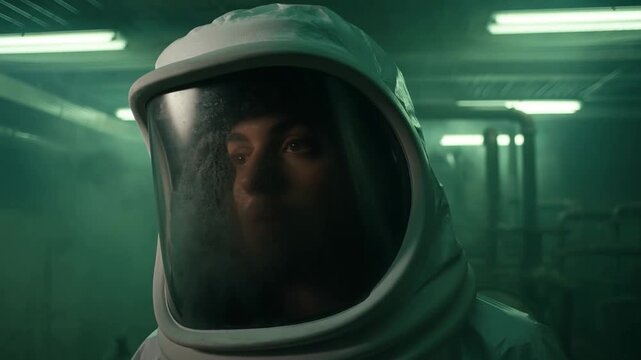 Slow motion astronaut standing and looking through helmet visor in foggy industrial interior with green fluorescent lighting