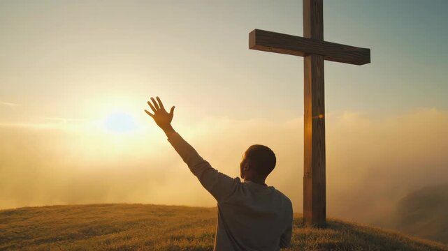 A person with arms raised, praying in front of a large cross, silhouetted against the sunrise.