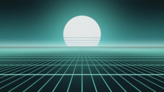 Retro 80s Synthwave Neon Grid and Sunset Horizon Seamless Loop in vibrant teal tones