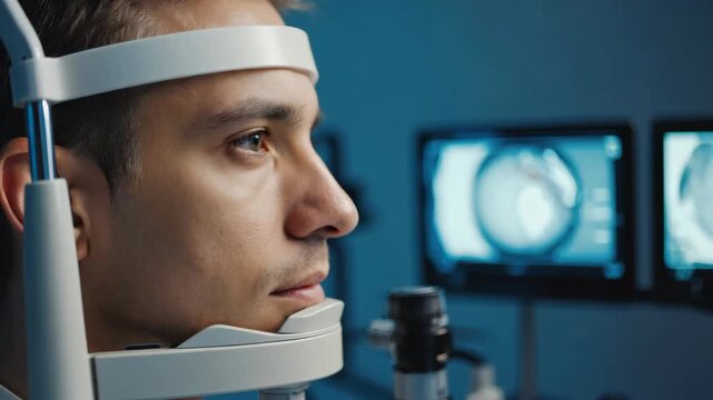 A man wearing headphones and looking at a machine with screens.