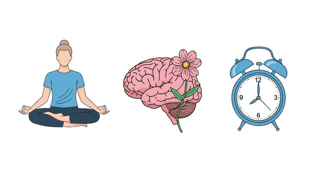 Illustration of a person meditating, a brain with a flower, and an alarm clock symbolizing mental well-being and time management.