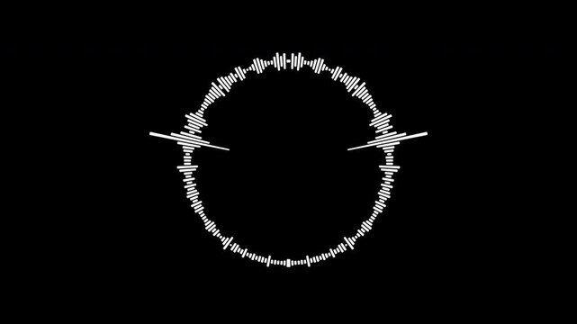 White radial audio equalizer bars pulsing rhythmically on a black background, circular sound wave visualizer for music production and podcast intros, rendered in Apple ProRes 4K format.