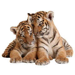 Obraz premium Tiger cubs play together on a white background in a studio setting during daytime hours