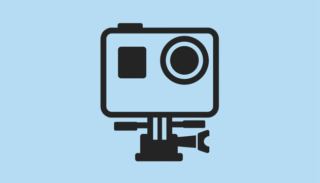 Black flat icon of an action camera with a mounting bracket, set against a calm and solid sky blue background.