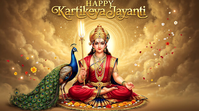 Elegant and vibrant depiction of goddess with peacock for joyful karthikeya jayanti celebration