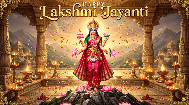 Goddess Lakshmi with gold coins and lotus flowers celebrating Lakshmi Jayanti in a grand temple setting