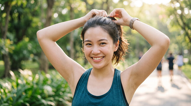 Beautiful woman woman tying hair outdoors park fitness which is perfect for corporate success presentation and highly effective marketing campaigns