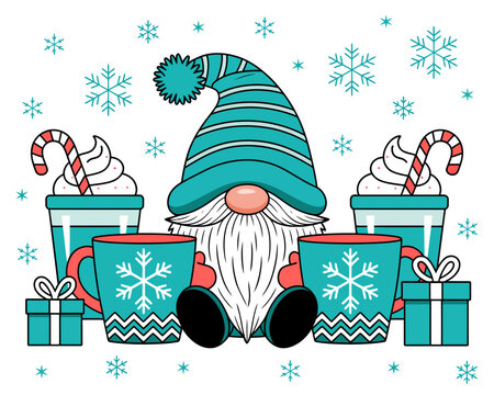 Blue striped Christmas gnome with cocoa mugs gifts and snowflakes