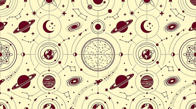 Seamless astronomy pattern featuring planets stars and orbital lines