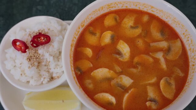 Delicious bowl of tom yum soup with sliced mushrooms served with jasmine rice and lemon wedge.