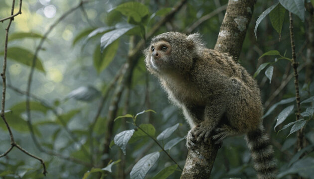 Pygmy Marmoset Clinging to Tree Trunk in Amazon Rainforest Habitat