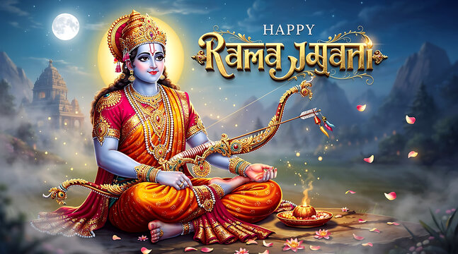 Celebration of Ram Navami with Lord Rama in a serene landscape and festive decorations for a joyful spiritual occasion